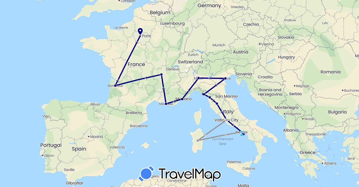 TravelMap itinerary: driving, plane, boat in France, Italy (Europe)